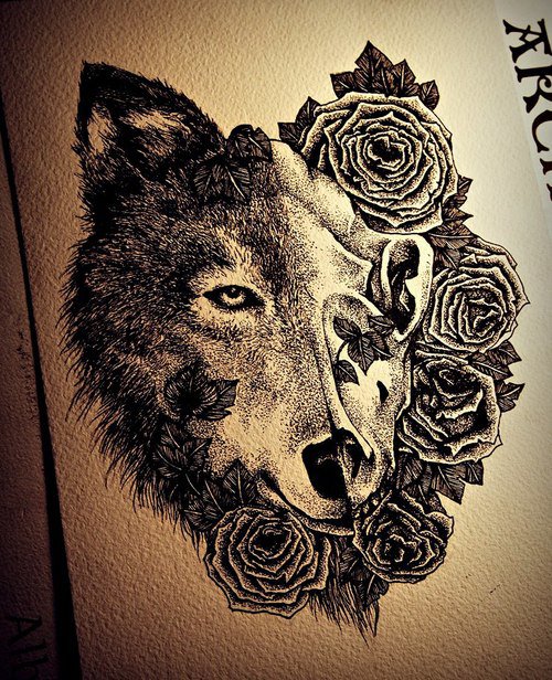 Half-wolf half-skull with roses tattoo design