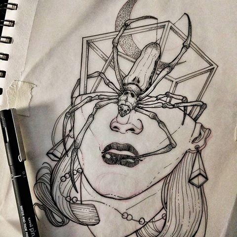 Half-womans face with geometric frame and spider on it tattoo design