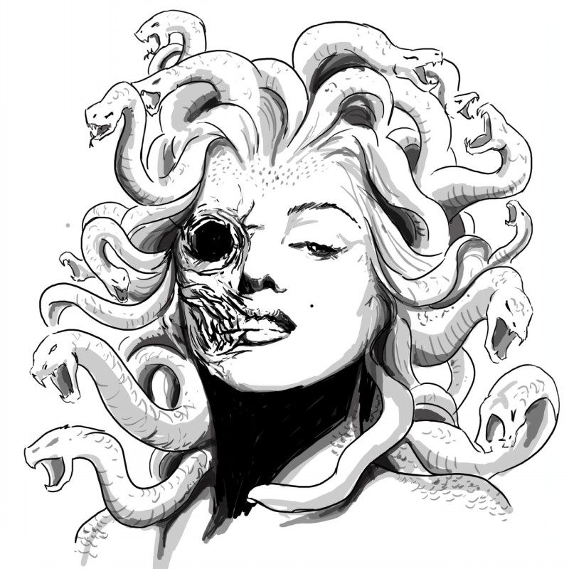 Half-zombie Marilyn Monroe medusa gorgona portrait tattoo design