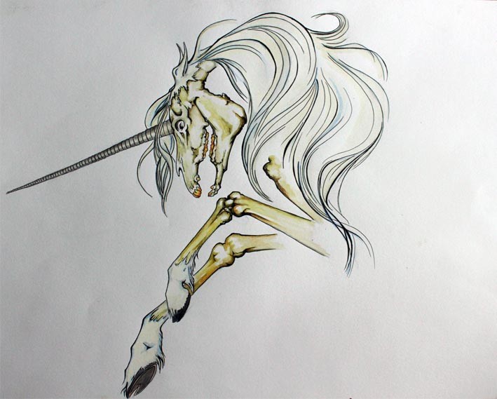 Half jumping unicorn skeleton tattoo design by 3lin