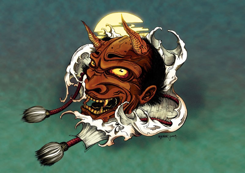 Happy brown-skin japanese devil head in white smoke tattoo design by Leperism