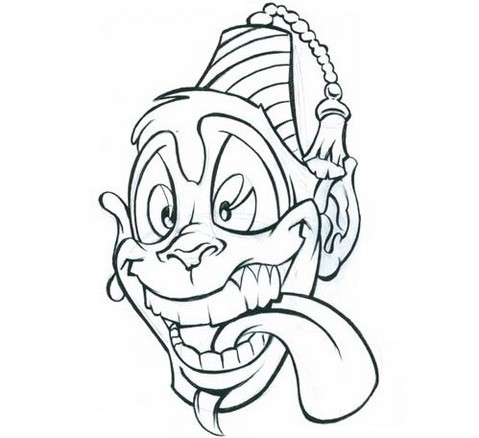 Happy cartoon monkey head in cap tattoo design