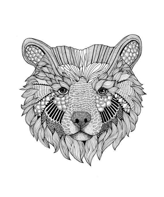 Happy grey-ink ornate grizzly muzzle tattoo design