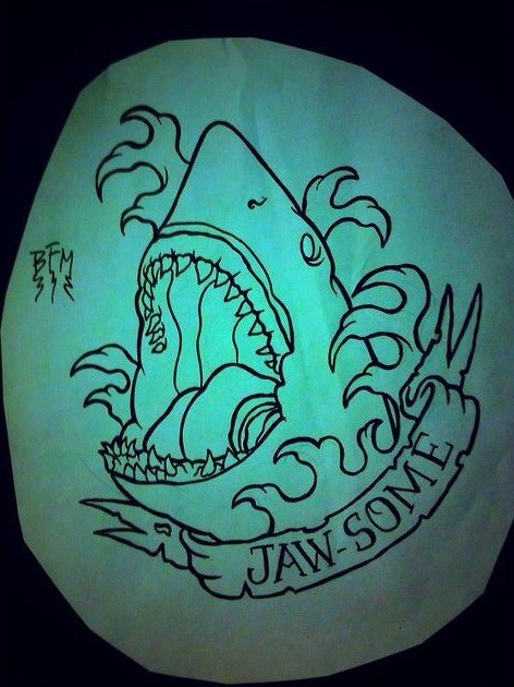 Happy old school shark and banner tattoo design