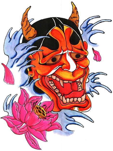 Happy orange devil and pink lotus in blue water splashes tattoo design