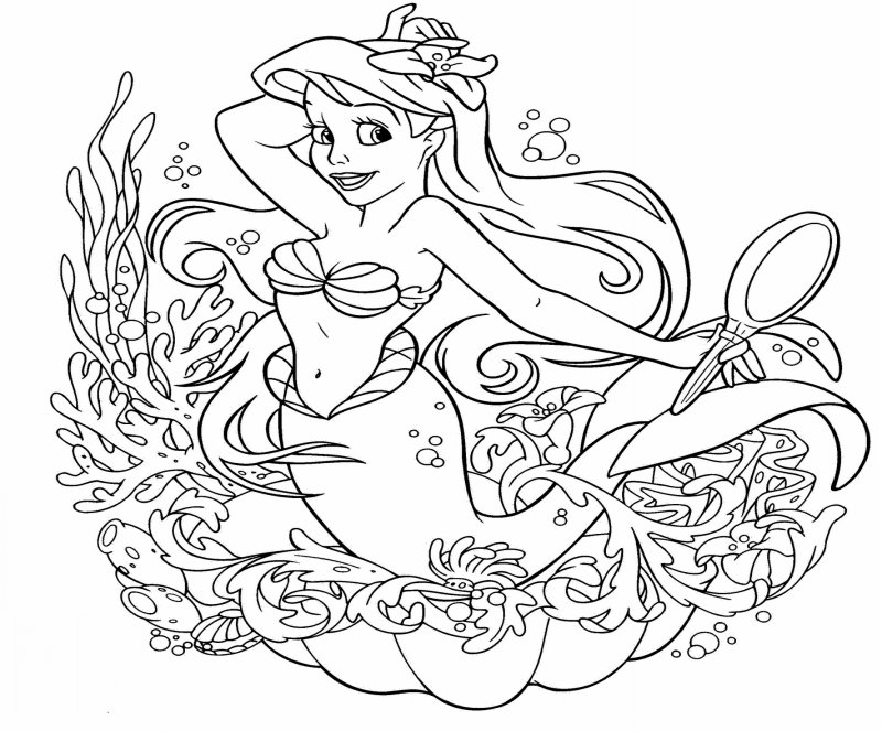 Happy outline ariel mermaid witha small mirror tattoo design