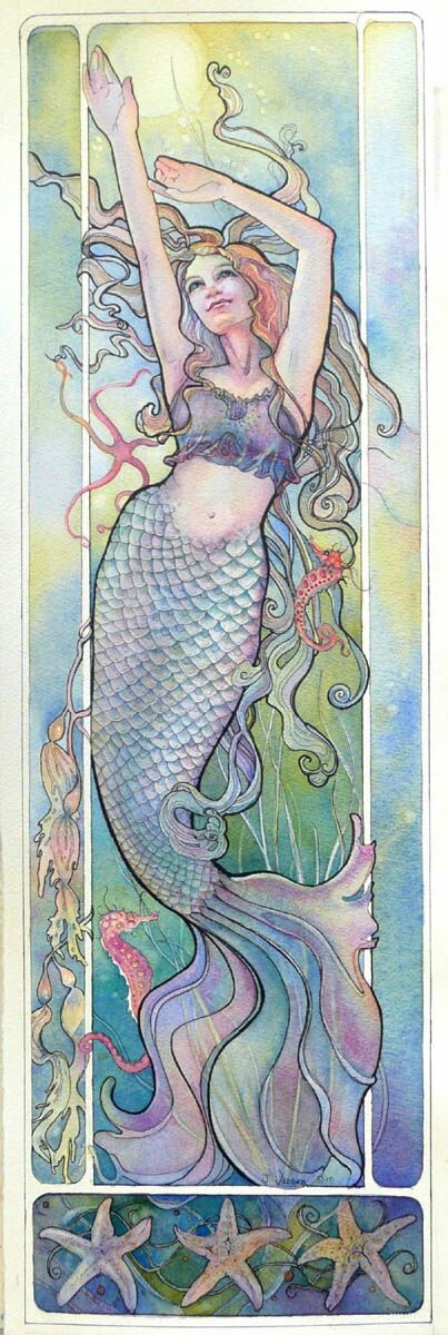 Happy soft multicolor mermaid swimming up tattoo design