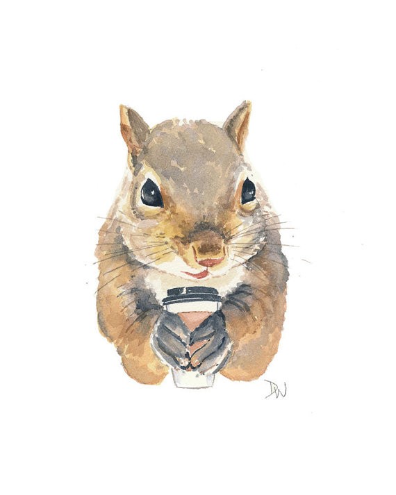 Happy watercolor squirrel keeping plastic coffe glass tattoo design