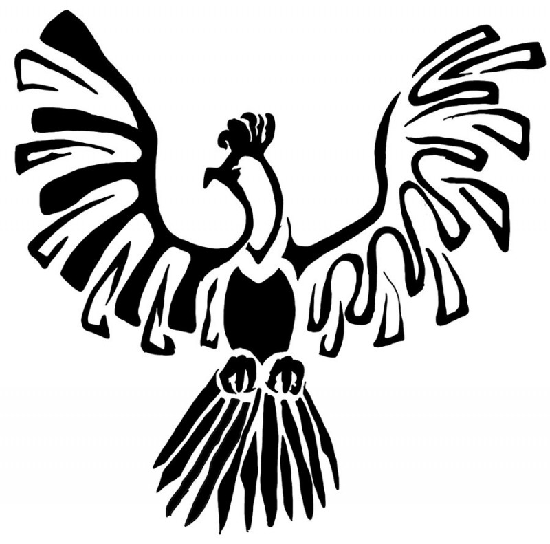 Harsh black-line phoenix figure tattoo design by Silver Drake
