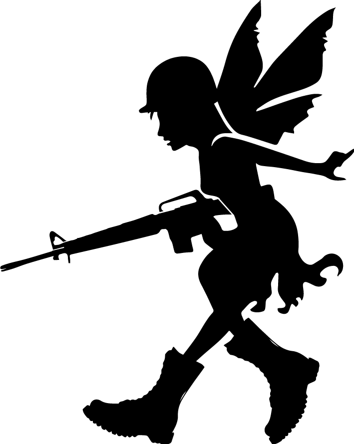 Harsh black fairy warrior silhouette in a helmet with a weapon tattoo design