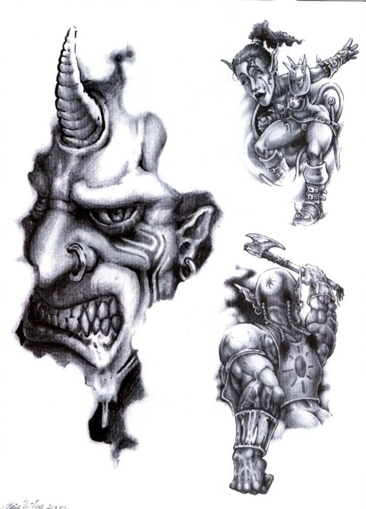 Harsh grey-ink demon warriors tattoo design