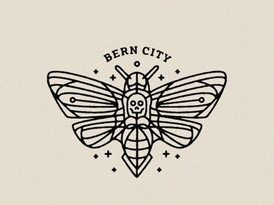 Harsh outline moth emblem with lettering tattoo design