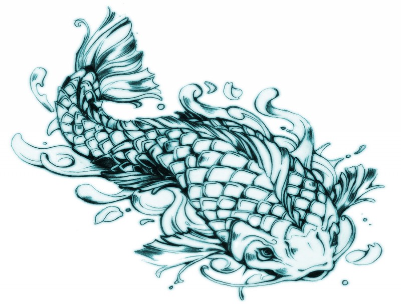 Harsh scaled koi fish in blue color tattoo design