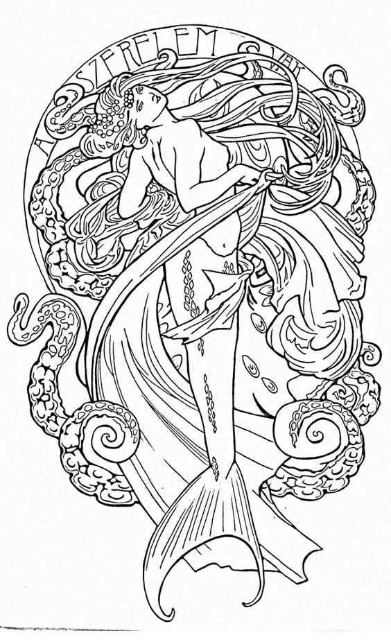 High colorless mermaid with a lot of tentacles and a banner tattoo design