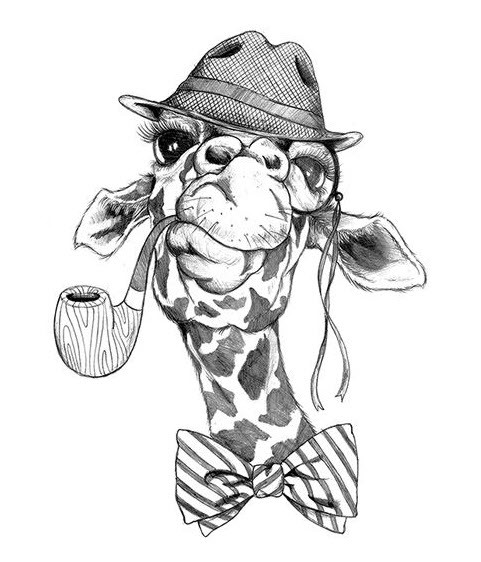 Hipster giraffe in hat woth tobacco pipe tattoo design