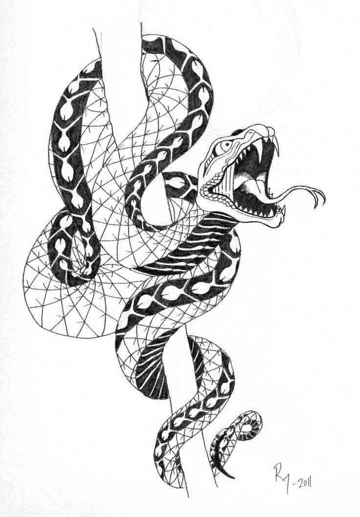Hissing black-and-white snake twining around stick tattoo design