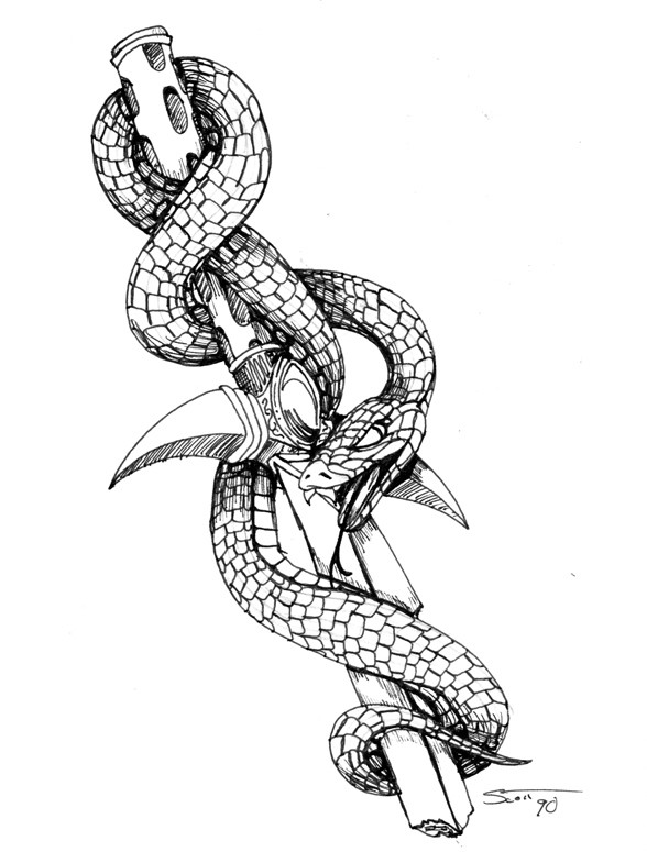 Hissing snake embracing broken sword by Hassified