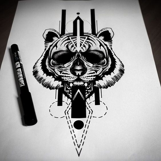 Hole-eyed tiger with geometric drawings tattoo design