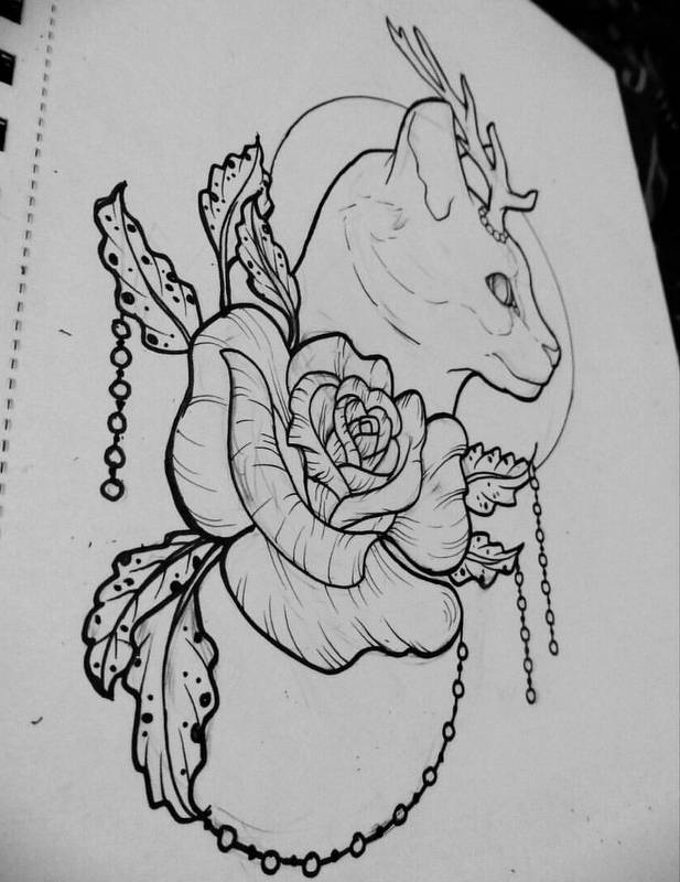 Horned cat in profile and luxury rose bud tattoo design