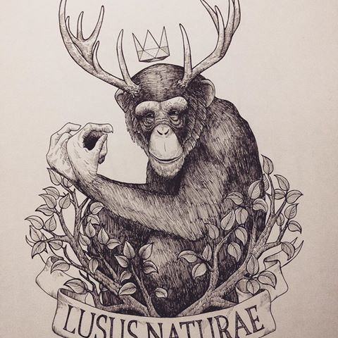Horned chimpanzee with tree branches and banner tattoo design