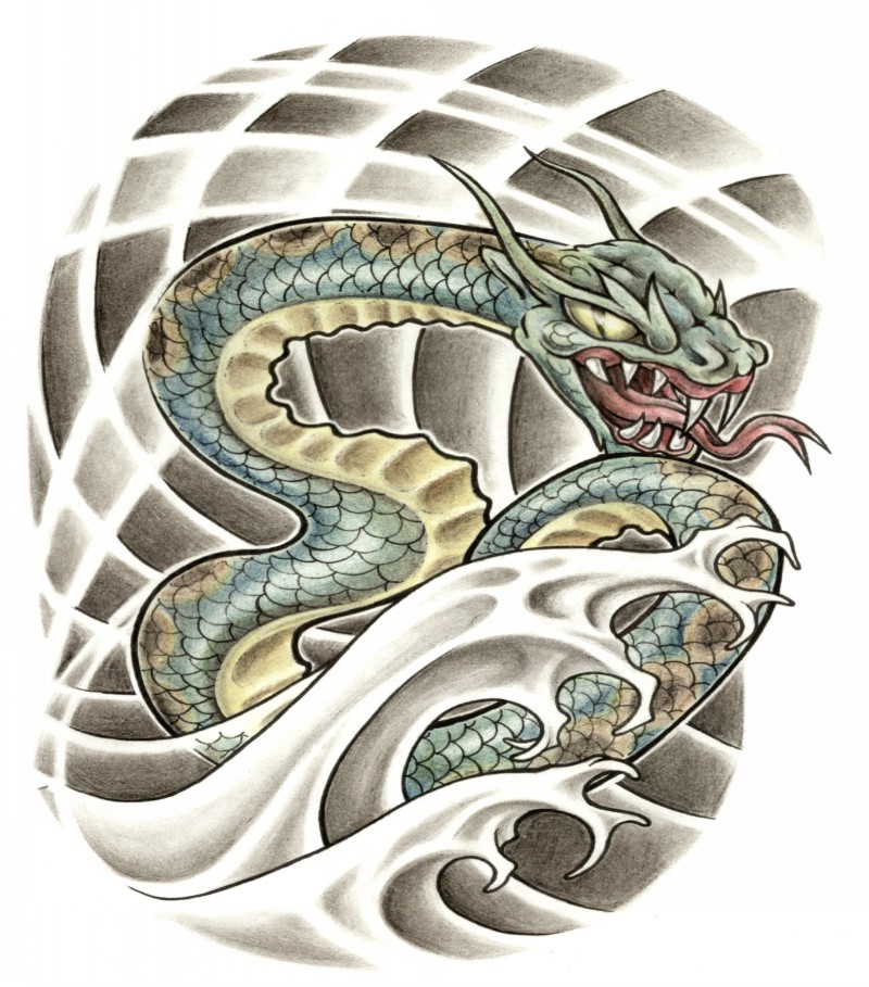 Horned green scaled snake in water in chinese style tattoo design