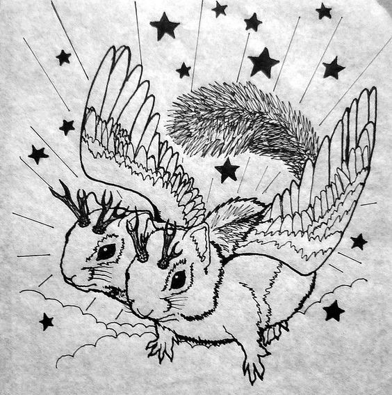 Horned winged flying rodents in starred sky tattoo design