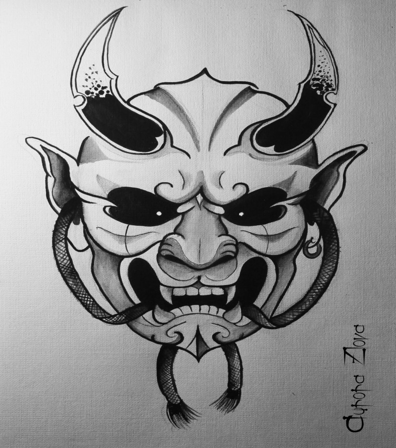 Horrible black-and-white devil with hollow eyes tattoo design