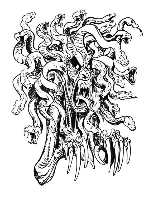 Horrible black-ink medusa gorgona scaring her preys tattoo design by Bryan Baugh