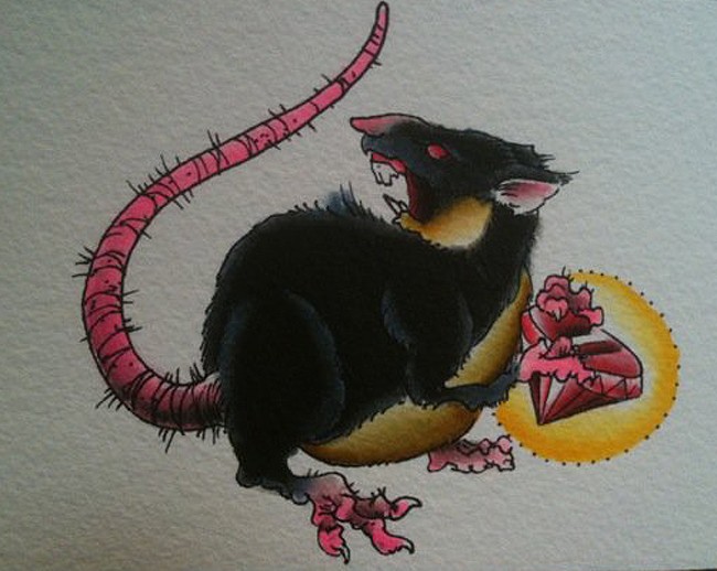 Horrible black mouse protecting its red diamond tattoo design