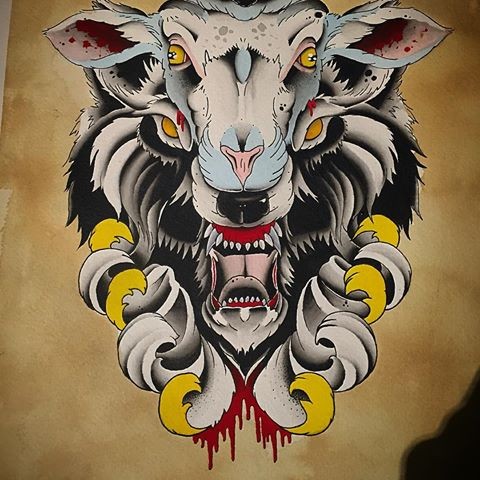 Horrible color-ink sheep and wolf with yellow curles tattoo design