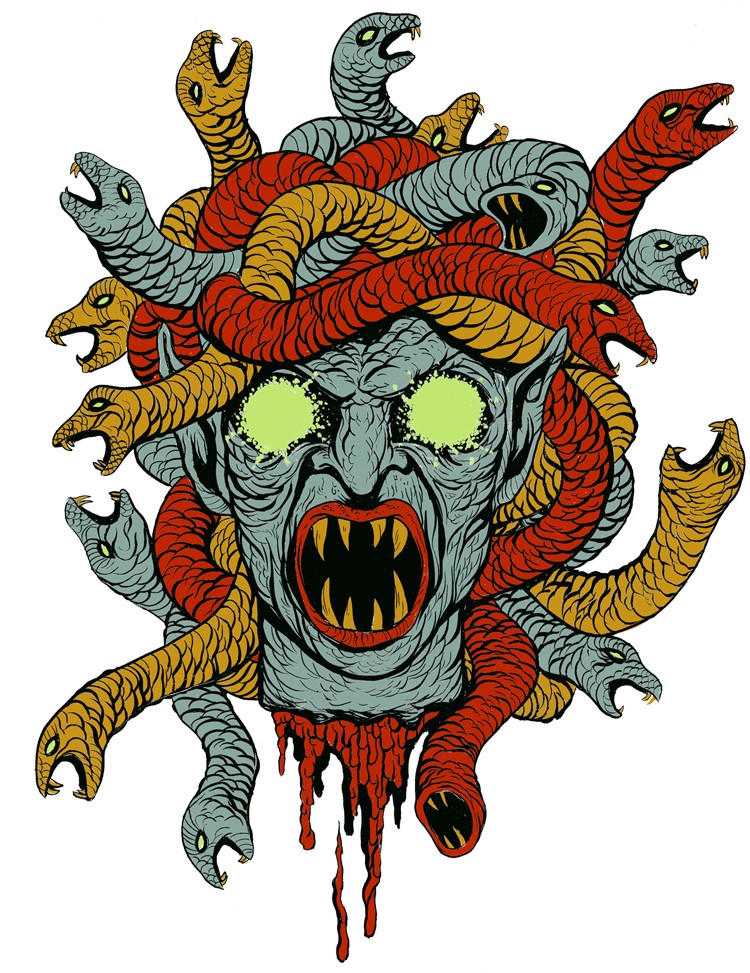 Horrible colored screaming medusa gorgona monster tattoo design