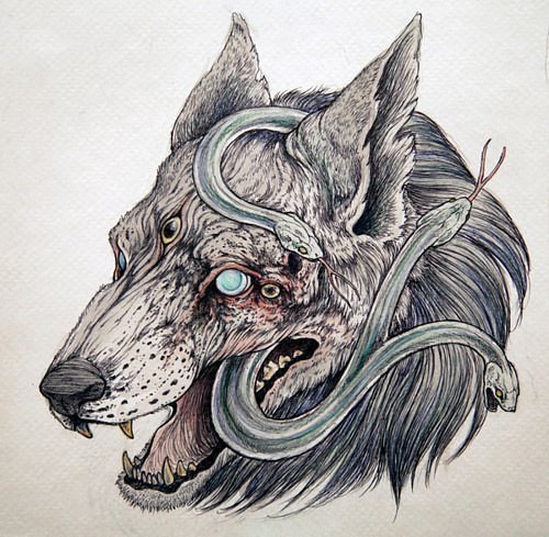 Horrible decaying wolf head with a snake inside tattoo design