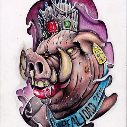 Horrible dire multicolor detailed pig head tattoo design