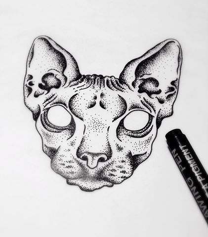 Horrible empty-eyed dotwork sphynx cat head tattoo design
