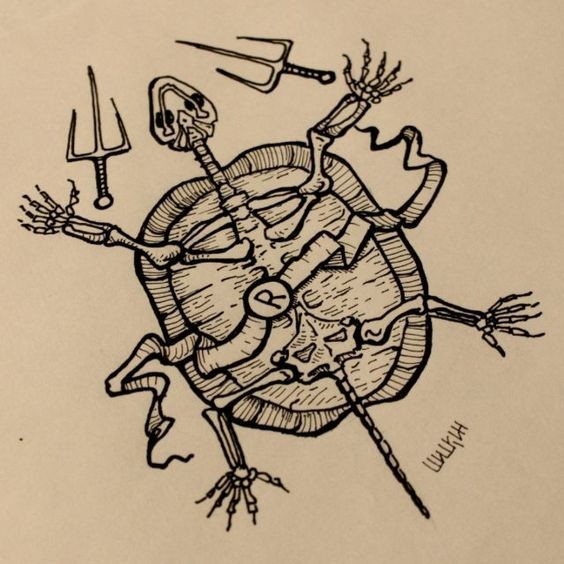 Horrible ninja mutant turtle skeleton with fighting forks tattoo design