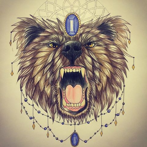 Horrible screaming bear with lace and gen decorations tattoo design