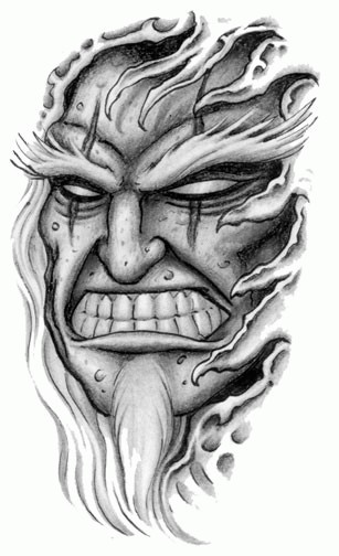 Horror grey-ink demon face with pressed teeth tattoo design