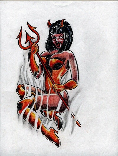 Hot devil girl in flame keeping a trident tattoo design