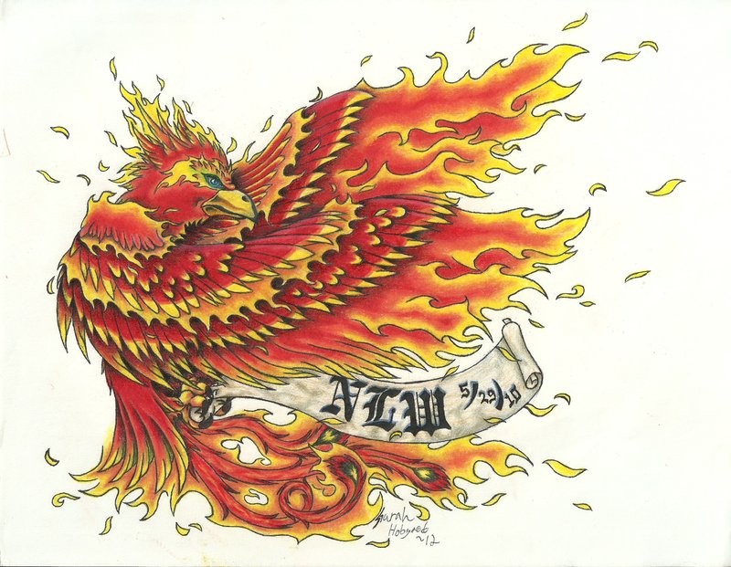 Hot flaming phoenix with a small banner tattoo design by Kyson Kyoko