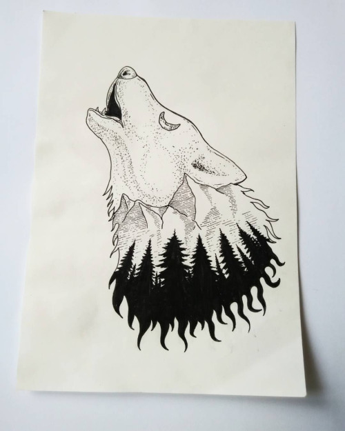 Howling wolf figure with original forest view tattoo design