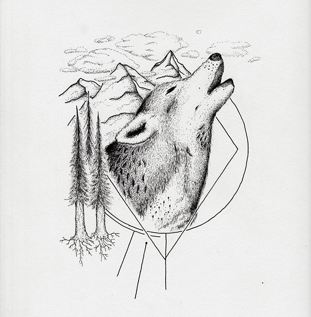 Howling wolf with forest nature and geometric drawings tattoo design