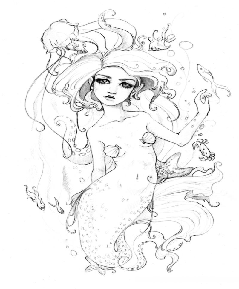 Huge-eyed mermaid without coloring tattoo design