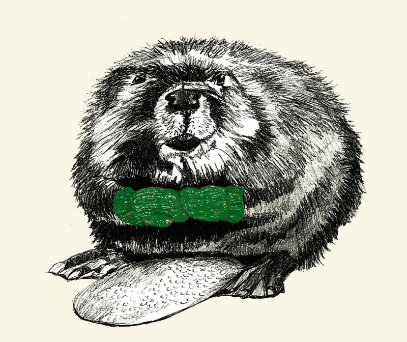 Huge black-and-white rodent in green glowes tattoo design