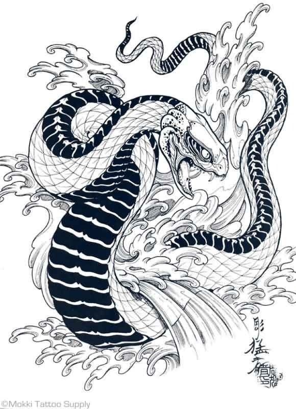 Huge black-and-white snake swimming in waves tattoo design