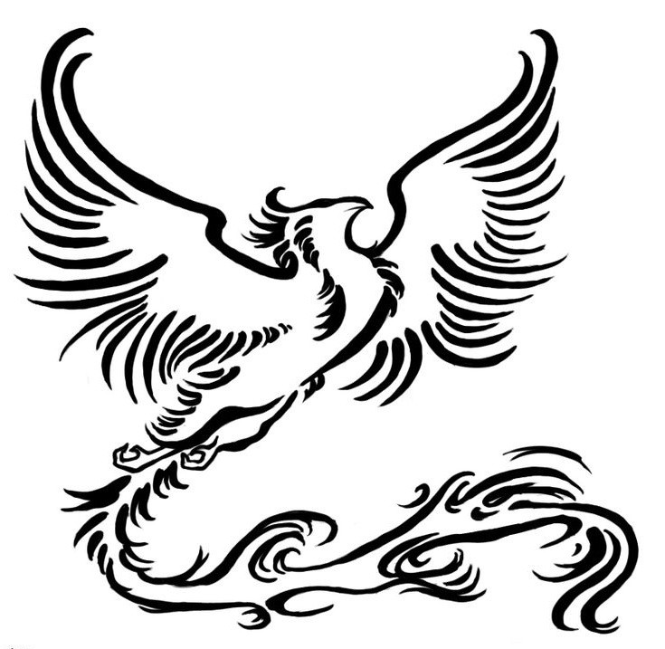 Huge black-ink open-winged phoenix bird tattoo design