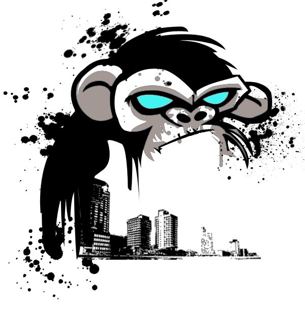 Huge black monkey with blue eyed over dark city tattoo design