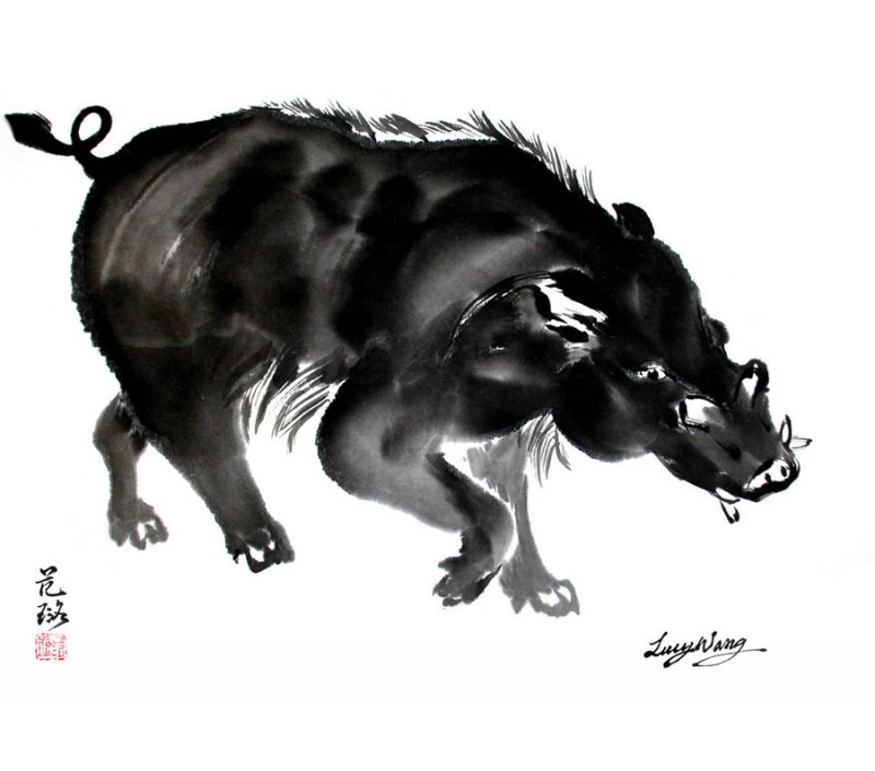 Huge black watercolor wild pig tattoo design