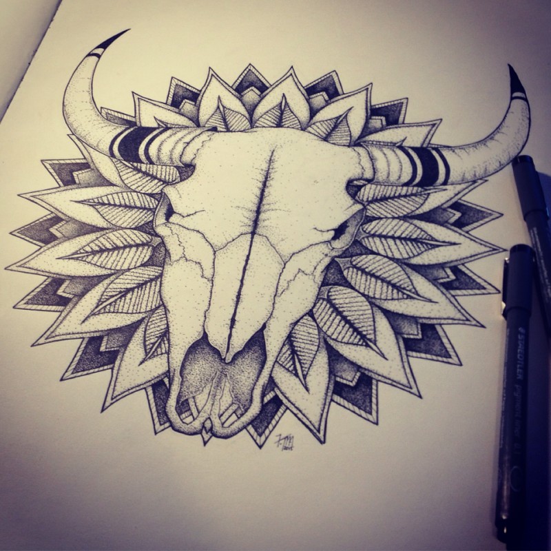 Huge bull skull on mandala bakground tattoo design