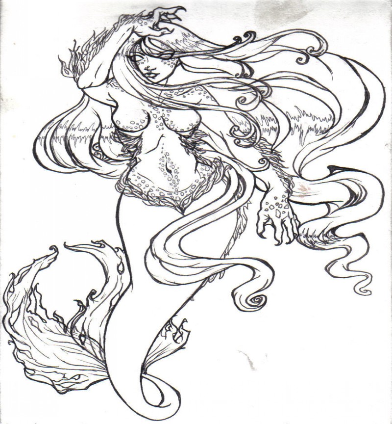 Huge colorless mermaid with fluffy arms tattoo design by Depplosion