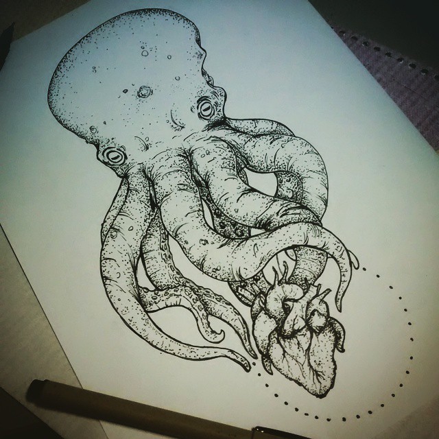 Huge dotwork octopus keeping a human headr tattoo design
